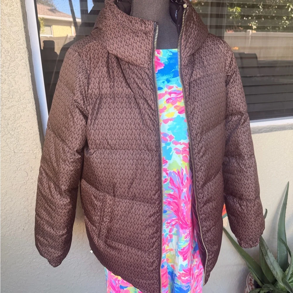 Michael Kors MK Monogram Dark Brown Reversible Puffer Jacket With Gold Hardware
